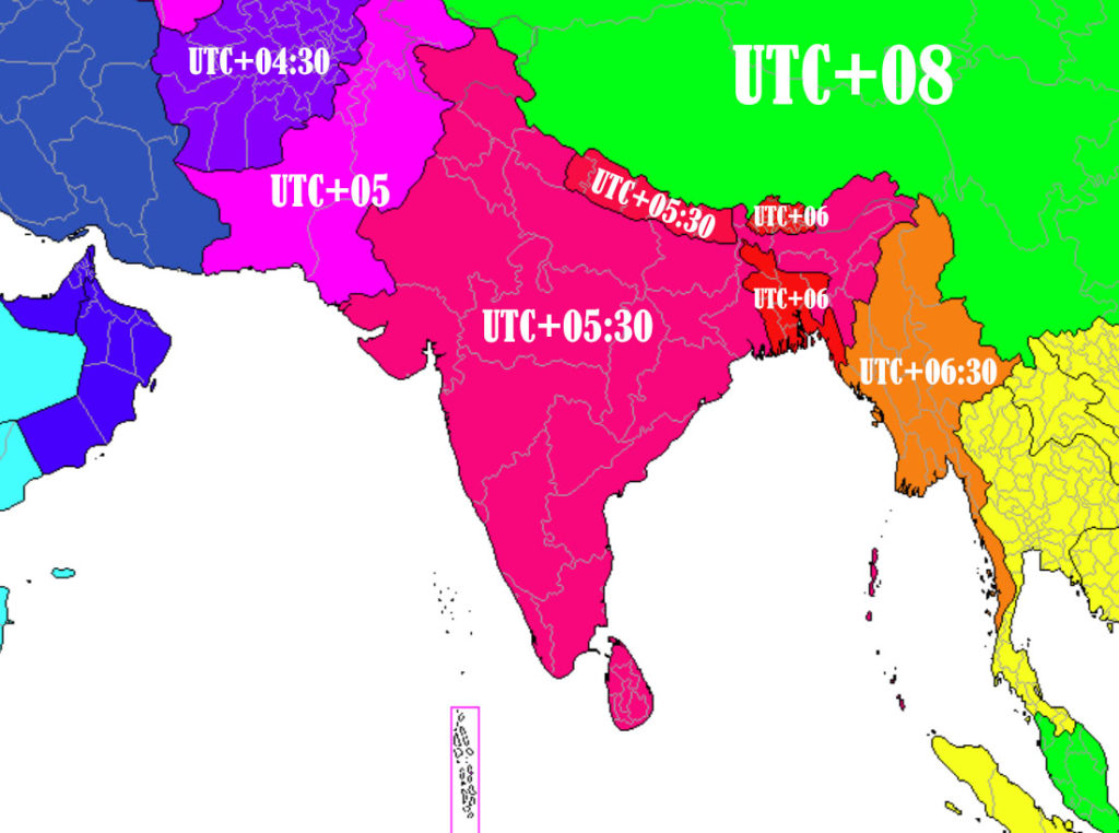 fuseaux horaires Inde Pakistan Bengladesh Nepal