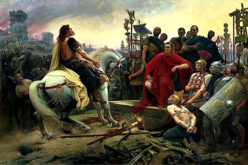 Vercingetorix jette ses armes aux pieds de Jules César par le peintre français Lionel Royer en 1899