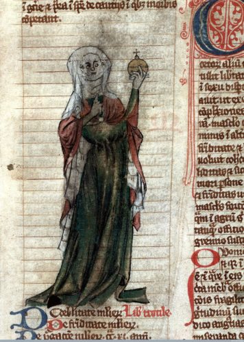 Portrait de Trotula de Salerne dessiné au sein d'un manuscrit.