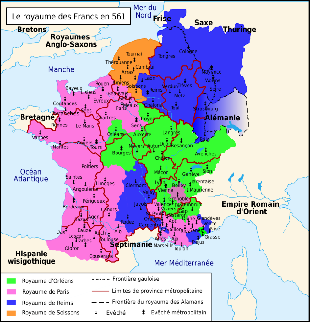 Carte du Royaume franc sous la dynastie mérovingienne en 561